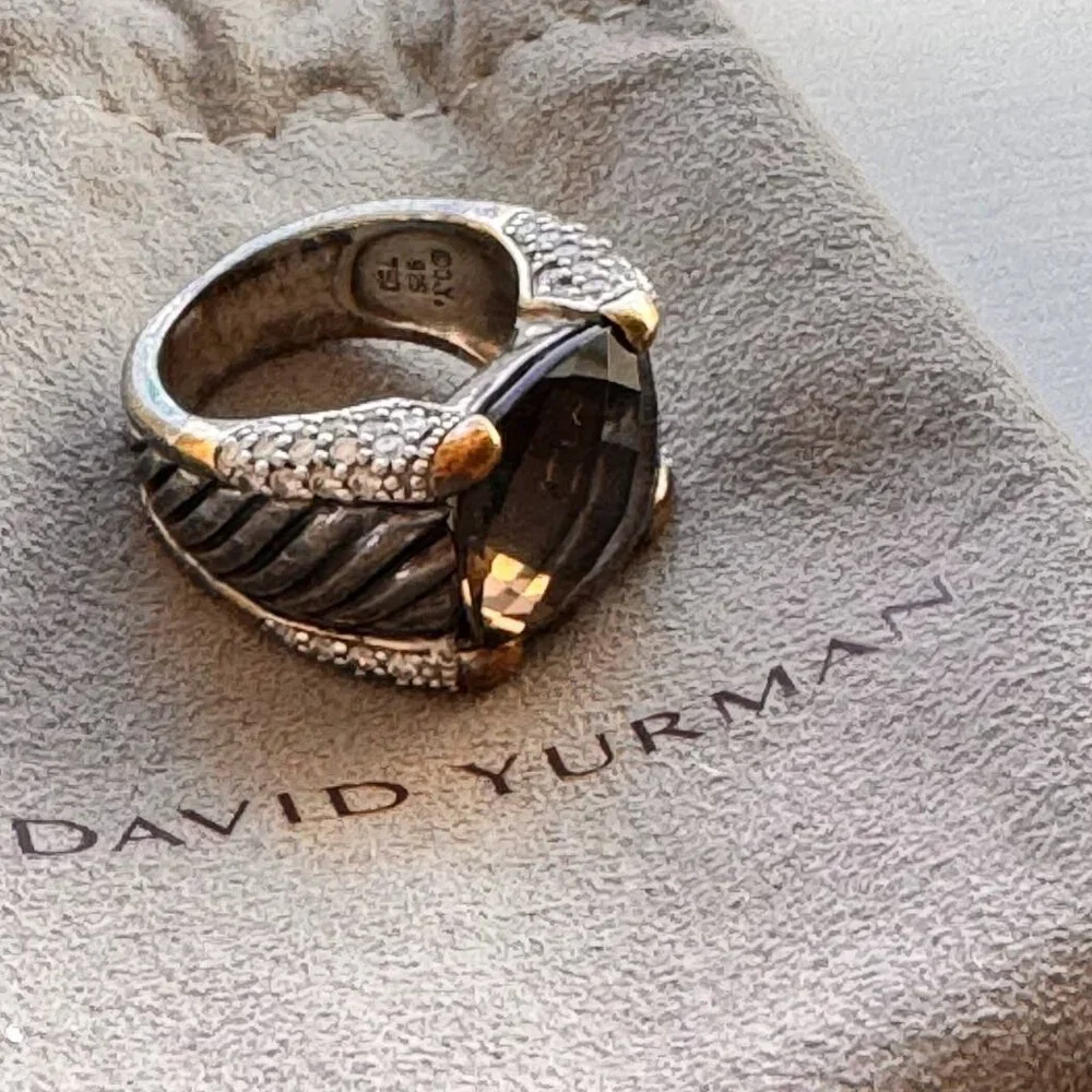 David Yurman Smoky Quartz Statement Ring in Sterling Silver, Gold and Diamonds - Picture 6 of 8